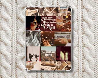 May include: A collage of images on a tablet case. The images include a woman singing on stage, a vintage car, a hand holding a microphone, a musical score, and the text "And baby, when you think of me hope it ruins Rock 'n' Roll". The text "CALIFORNIA 1970" is also visible.