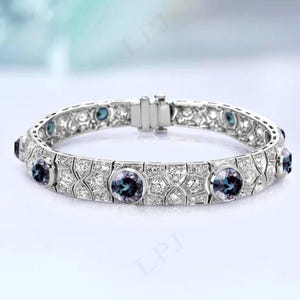Vintage Alexandrite Bracelet For Women Art Deco Bracelet 925 Silver Tennis Bracelet Unique Alexandrite Gemstone Bracelet Anniversary Gift