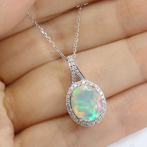 Unique Opal Halo Pendant For Her Art Deco Opal Gemstone Pendant Antique Style Pendant 14k Gold Opal Wedding Pendant Women Statement Pendant