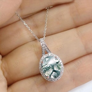 Green Moss Agate Pendant For Women Rose Gold Halo Style Pendant Vintage Moss Agate Wedding Pendant Art Deco Necklace Silver Handmade Pendant