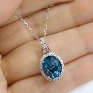 London Blue Topaz Pendant For Women Vintage Halo Wedding Pendant Art Deco Oval Shaped Pendant Antique Style Pendant Blue Gemstone Pendant