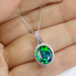 Art Deco Green Opal Pendant For Women Vintage Opal Wedding Pendant 925 Silver Halo Pendant Unique Statement Pendant Women Anniversary Gift