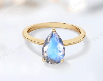 Pear Shaped Moonstone Engagement Ring For Women 14k Gold Moonstone Solitaire Ring Unique Anniversary Promise Ring Moonstone Gemstone Ring