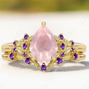 Art Deco Rose Quartz Engagement Floral Ring Set Unique Wedding 2 Piece Ring Set Pear Cut Rose Quartz Leaf Design Bridal Ring Set For Women