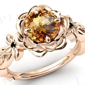 14k Gold Citrine Lotus Engagement Ring Vintage Lotus Flower Wedding Ring Rose Gold Citrine Bridal Ring Unique Floral Design Ring For Women