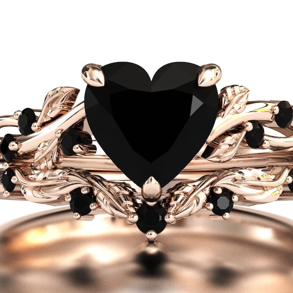 Heart Shaped Black Onyx Engagement Ring Set For Women Art Deco Leaf Style Wedding Ring Set Antique Bridal 2 Piece Ring Set Anniversary Gift