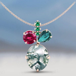 Moss Agate Pendant For Women 14k Gold Moss Agate Wedding Pendant Unique Multi Gemstone Pendant Art Deco Style Necklace 925 Silver Pendant