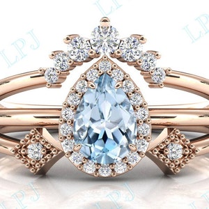 Natural Aquamarine Engagement Ring Set 14k Gold Aquamarine Wedding Ring Teardrop Aquamarine Bridal Promise Ring Unique Anniversary Gift