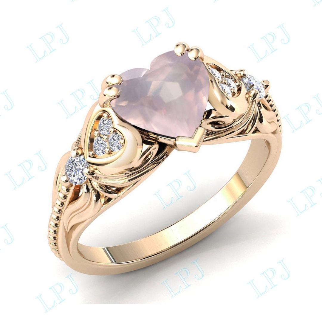 Heart Shaped Rose Quartz Engagement Ring 14k Gold Rose Quartz Art Deco ...