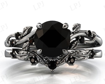 Conjunto de anillo de compromiso de ónix negro vintage Conjunto de anillo de piedra preciosa negra Conjunto de anillo de boda Art Deco para mujer Conjunto de anillo de diseño de hoja Conjunto de anillo de aniversario