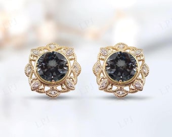 Boucles d'oreilles florales en spinelle gris pour femme Boucles d'oreilles de mariage antiques Boucles d'oreilles en or rose Boucles d'oreilles Art déco grises avec pierres précieuses Boucles d'oreilles faites main