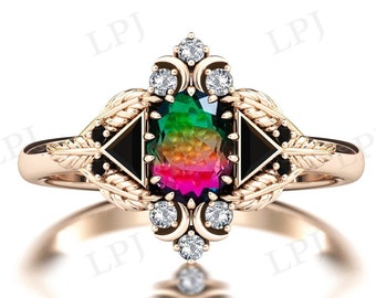 Watermelon Tourmaline Engagement Ring For Women Antique Art Deco Leaf Design Ring Bio Color Gemstone Ring Art Deco Bridal Promise Ring