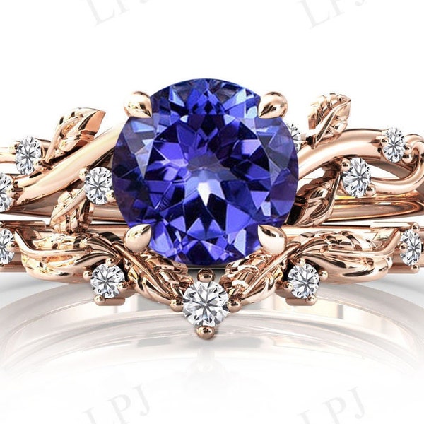 Vintgae Tanzanite Engagement Ring Set Art Deco Vine Leaf Wedding Ring Set For Women 14k Gold Tanzanite Antique Bridal Promise Ring Set