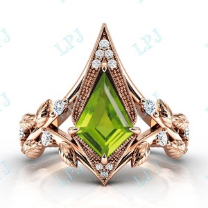 14k Gold Peridot Engagement Ring Kite Shape Peridot Antique Wedding Ring For Women Art Deco Leaf Bridal Promise Ring Unique Anniversary Ring