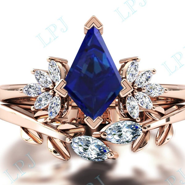 Kite Shaped Blue Sapphire Engagement Ring Set For Women Kite Cut Vintage Blue Sapphire Bridal Wedding Ring Set Unique Promise Ring Set
