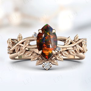 Marquise Cut Black Opal Engagement Ring Set 14k Gold Black Opal Bridal Ring Set Vintage Leaf Design Ring Set Unique Black Gemstone Ring Set