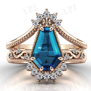 London Blue Topaz Wedding Ring Set For Women Vintage Coffin Shaped Blue Topaz Engagement Ring Set Art Deco Bridal Promise Ring Set For Her