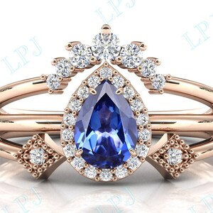 14k Rose Gold Tanzanite Engagement Ring Set For Women Art Deco Tanzanite Wedding Ring Unique Bridal Anniversary Ring Tanzanite Promise Ring