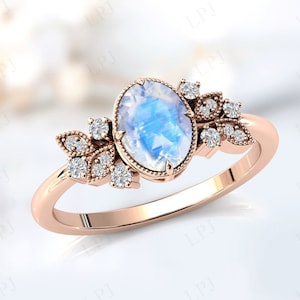 14k Gold Moonstone Engagement Ring Art Deco Moonstone Wedding Ring Vintage Moonstone Bridal Ring Antique Style Ring Unique Promise Ring