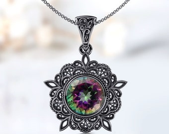 Mystic Topas-hänge för henne Vintagebladbröllopshänge 925 silver Mystic Topas-hänge i filigranstil Art Deco-halsband handgjort hänge