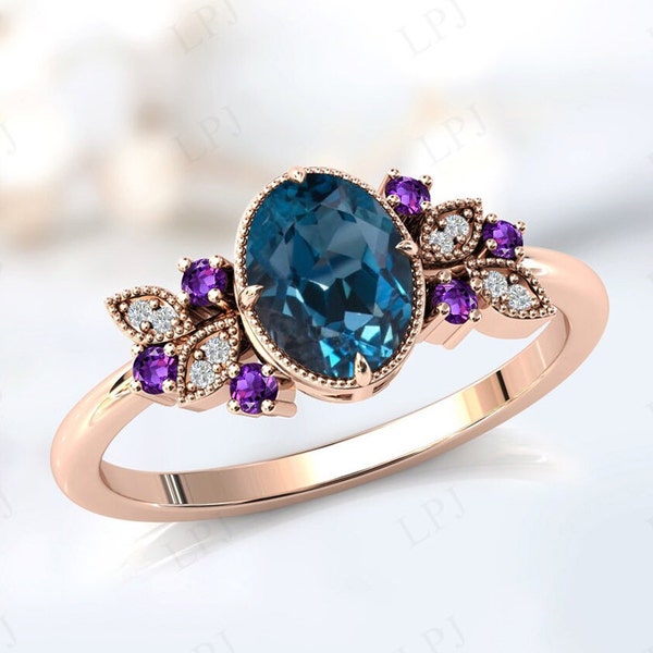 London Blue Topaz Engagement Ring For Women Oval Shaped Blue Topaz Wedding Ring Vintage Bridal Anniversary Promise Ring Unique Wedding Ring