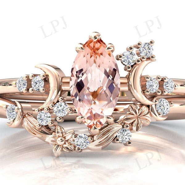 Moon of My Life Morganite Engagement Ring Set For Women Marquise Cut Morganite Wedding Ring Set Unique Floral Leaf Style 2 Piece Ring Set