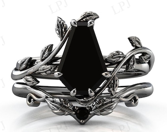 Coffin Shape Black Onyx Engagement Ring Set Art Deco Leaf Design Ring Set Black Gemstone Ring Set Anniversary Gift Art Deco Wedding Ring Set