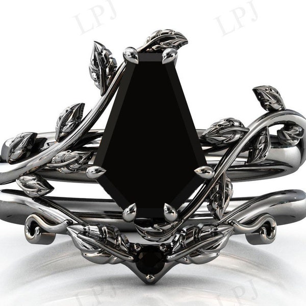 Conjunto de anéis de noivado em ônix preto em formato de caixão com design de folhas Art Déco Conjunto de anéis com pedras preciosas pretas Conjunto de anéis de casamento Art Déco Presente de aniversário