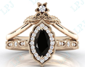 Marquis Cut Black Onyx Engagement Ring Set 14k Gold Art Deco Bridal Wedding Ring Set For Women Black Onyx Wedding Ring Set Anniversary Gift