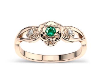 Art Deco Floral Style Emerald Engagement Ring For Women Unique Emerald Wedding Ring 925 Silver Emerald Lotus Bridal Ring Anniversary Gift
