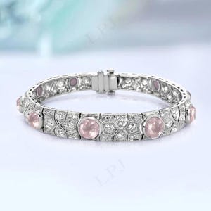 Rose Quartz Bracelet For Women Art Deco Tennis Bracelet Unique Pink Quartz Gemstone Bracelet 925 Silver Rose Quartz Wedding Bracelet For Her