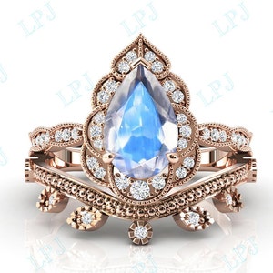Anillo de compromiso de piedra lunar natural Set Anillo de bodas de piedra lunar antiguo para mujeres Art Deco Anillo de promesa de piedra lunar 14k anillo de bodas nupcial de oro