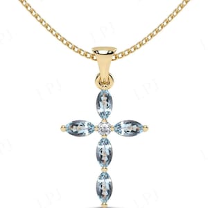 Marquise Cut Aquamarine Cross Pendant For Women Unique Statement Pendant 14k Gold Aquamarine Holy Cross Pendant 925 Silver Religious Pendant