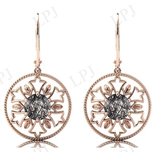 Vintage Rutilated Quartz Earrings For Women Rose Gold Black Gemstone Earrings Art Deco Women Earrings Dangle Drop Earrings Antique Earrings