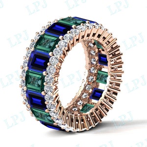 Color Changing Teal Sapphire Eternity Band For Women Vintage Multi Gemstone Band Art Deco Blue Sapphire Wedding Band Unique Eternity Band
