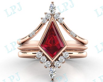 Kite Shaped Ruby Engagement Ring Set 14k Rose Gold Ruby Bridal Ring Set Antique Ruby 3 Piece Wedding Ring Set Art Deco Anniversary Ring Set