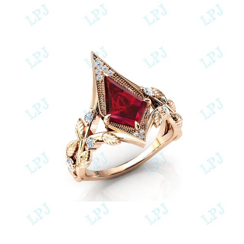 Unique Kite shops Shaped Ruby Wedding Ring Art Deco Ruby Leaf Style Engagement Ring For Women 14k Gold Ruby Bridal Ring Antique Anniversary Ring