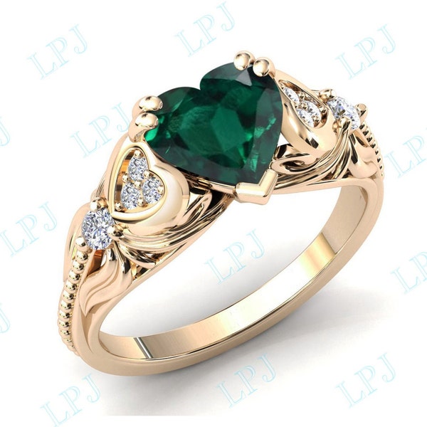 Heart Shaped Emerald Wedding Ring Art Deco Emerald Engagement Ring For Women Heart Shape Emerald Bridal Anniversary Ring Gift For Women