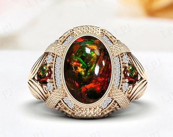 One Of A Kind - Vintage Black Opal Engagement Ring For Men 925 Silver Men Signet Ring Art Deco Black Gemstone Wedding Ring Unique Opal Ring