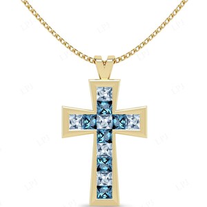 Aquamarine Holy Cross Pendant Princess Cut London Blue Topaz Religious Pendant Unique Multi Gemstone Unisex Pendant Rose Gold Cross Pendant