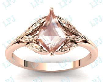 Kite Shaped Morganite Wedding Ring 14k Gold Morganite Leaf Engagement Ring Antique Art Deco Morganite Bridal Promise Ring Anniversary Gift