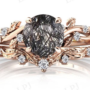 Black Rutile Quartz Engagement Ring Set For Women Art Deco Leaf Wedding Ring Set 14k Rose Gold Rutile Quartz Antique Bridal Promise Ring Set