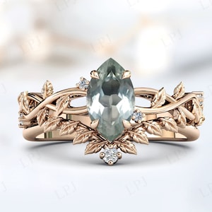 Marquise Cut Green Amethyst Wedding Ring Set 14k Gold Amethyst Bridal Ring Set Vintage Leaf Style Wedding Ring Set Art Deco Engagement Rings