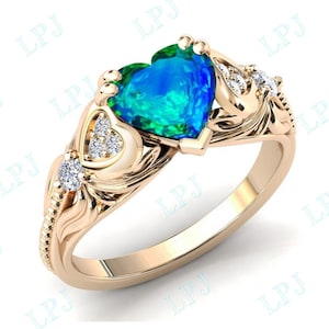 Heart Shaped Peacock Quartz Engagement Ring For Her Vintage Wedding Ring Unique Bio Color Gemstone Ring Art Deco Peacock Quartz Bridal Ring
