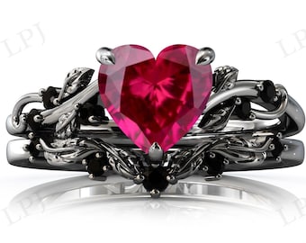 Heart Shaped Ruby Engagement Ring Set For Women Red Ruby Gemstone Wedding Ring Set Heart Shaped Bridal Ring Set Antique Leaf Style Ring Set