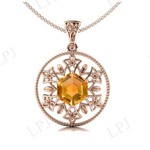 Hexagon Shaped Citrine Pendant For Women Art Deco Citrine Floral Pendant Antique Wedding Pendant Rose Gold Leaf Pendant Anniversary Gift