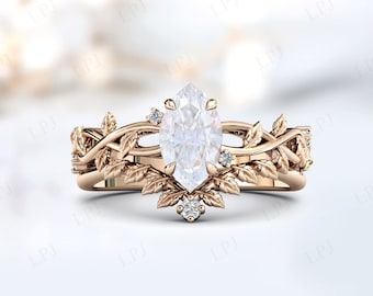 Conjunto de anillos de compromiso de moissanita de talla marquesa para mujer, conjunto de anillos de novia de moissanita de oro de 14 quilates, conjunto de anillos de boda de hoja vintage, anillos de promesa únicos