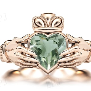 Vintage Green Amethyst Wedding Ring For Women 14k Gold Amethyst Art Deco Claddagh Style Ring Antique Bridal Promise Ring Anniversary Gift