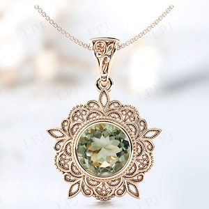 Green Amethyst Pendant For Her Antique Leaf Wedding Pendant Art Deco Milgrain Style Necklace Unique Green Gemstone Pendant Handmade Pendant