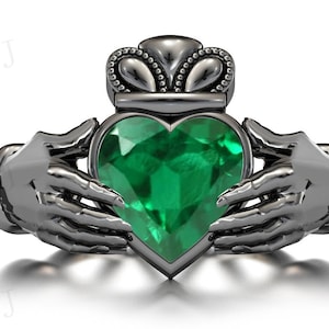 Heart Shaped Emerald Engagement Ring Art Deco Claddagh Wedding Ring Unique Bridal Promise Ring Women Anniversary Gift Claddagh Style Ring